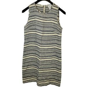 Women's Kenar 100% Linen Blue Cream Striped Shift Dress Size 4